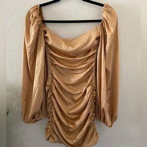 Oh Polly Camel Ruched Satin Puff Sleeve Crop Top